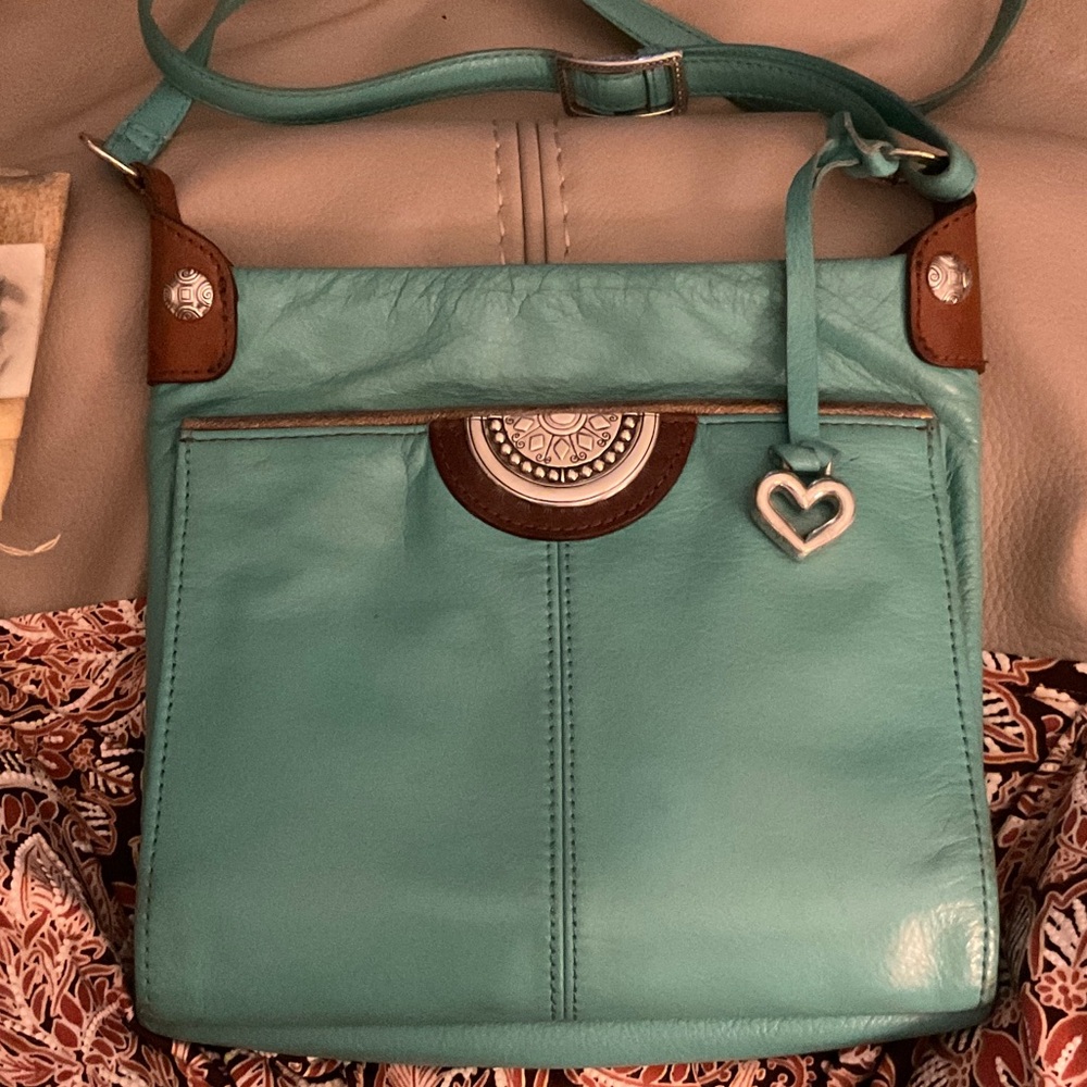 Brighton Teal and Brown Leather Crossbody with Heart Charm